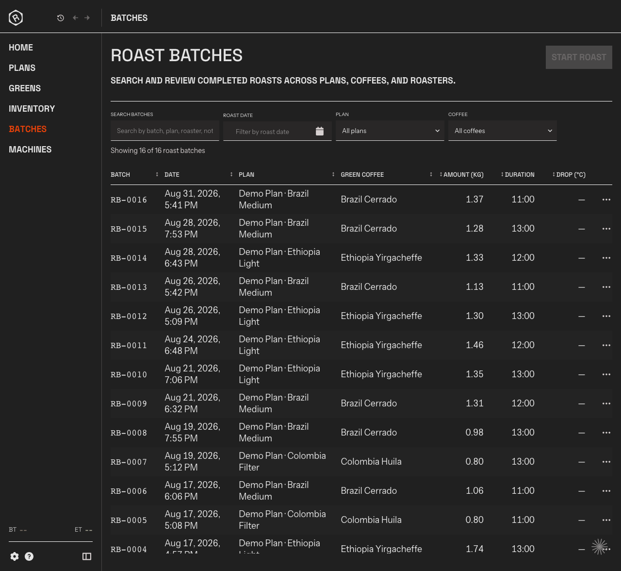 The Batches screen with recorded roast history