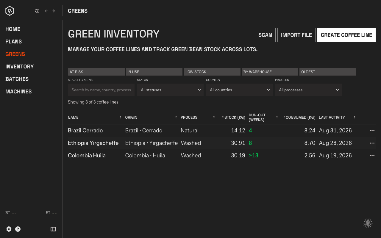 Rostoc green inventory view showing coffee lines, lots, and stock records.