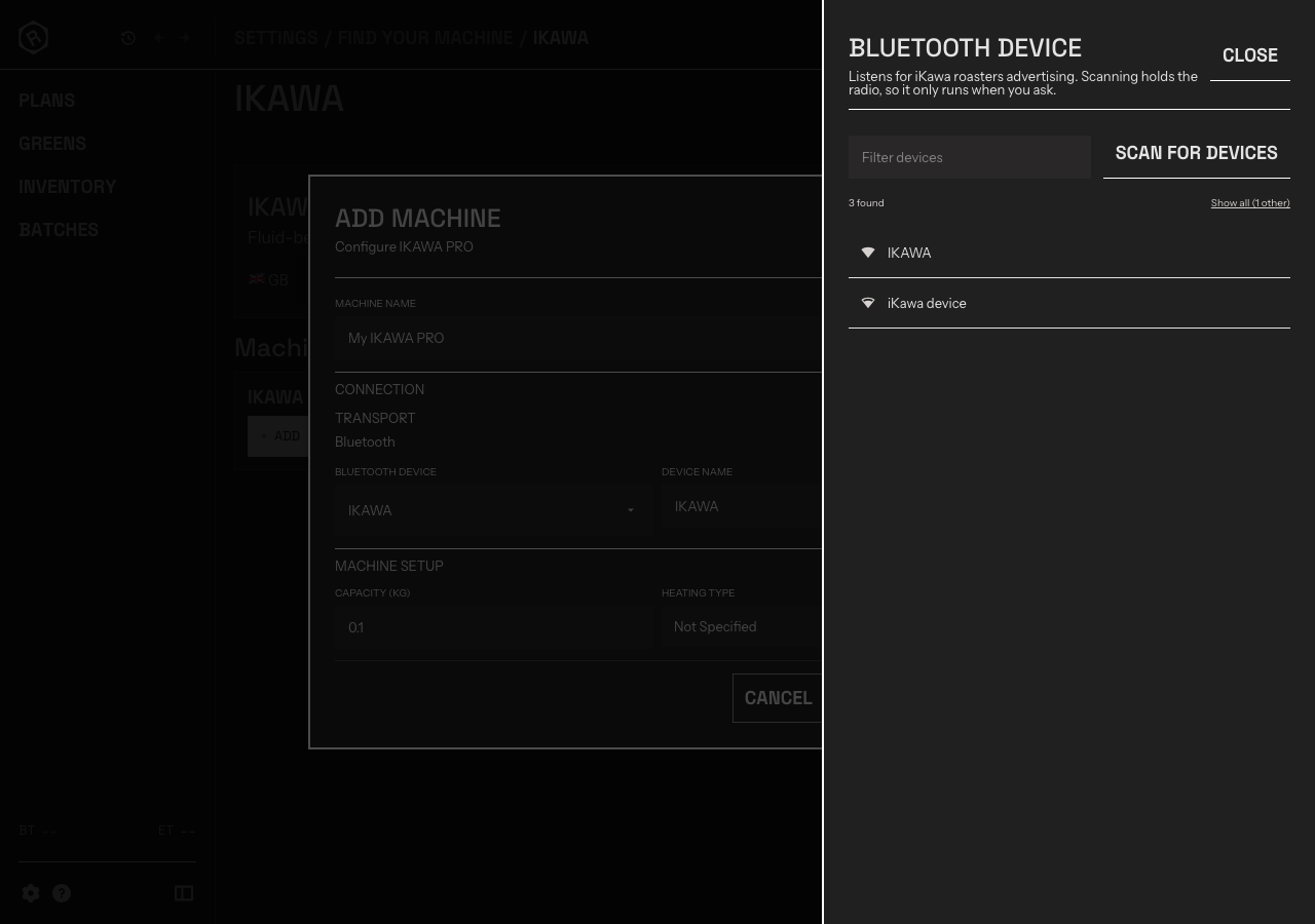 The Add a Machine dialog with the Bluetooth device drawer open, listing an iKawa roaster and an unnamed matching device