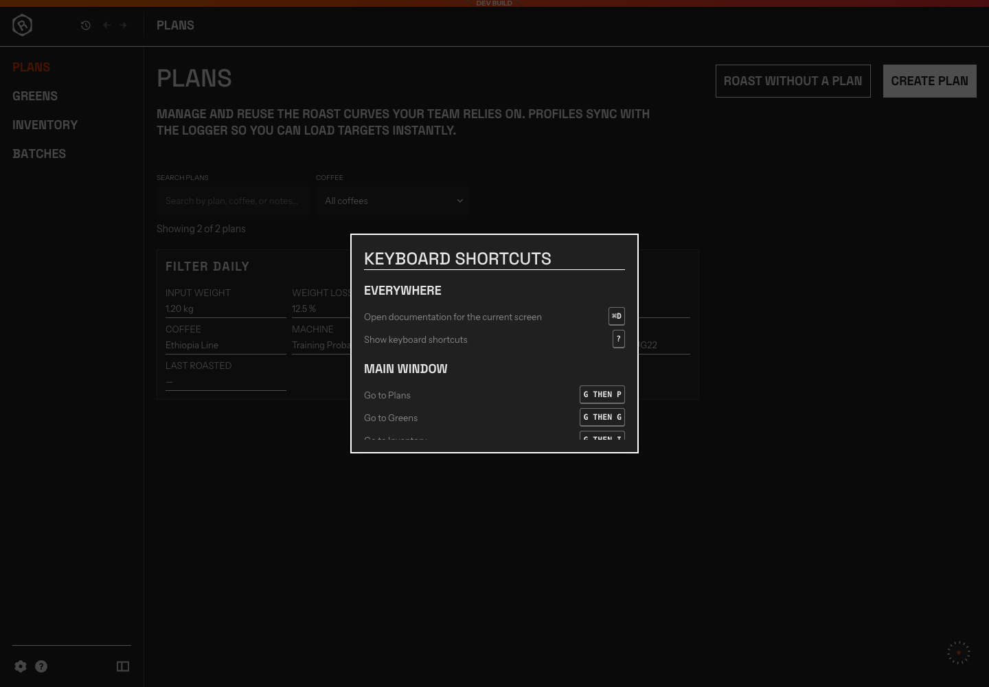 The Keyboard Shortcuts dialog open over the Plans screen