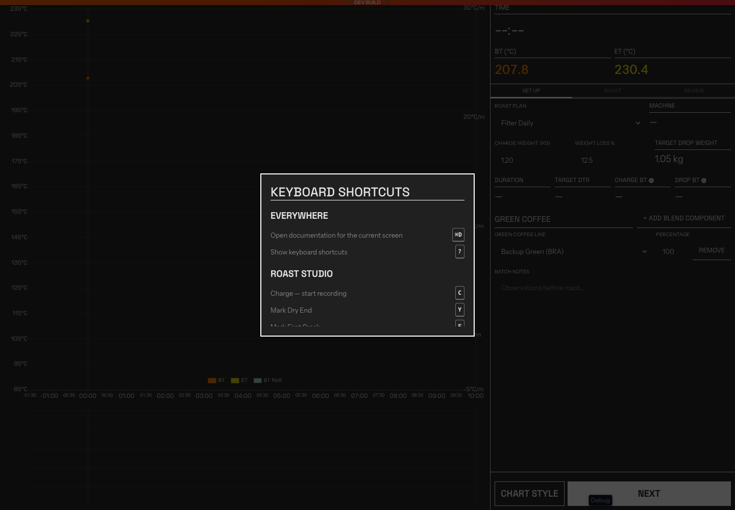 The context-sensitive Keyboard Shortcuts dialog open in Roast Studio