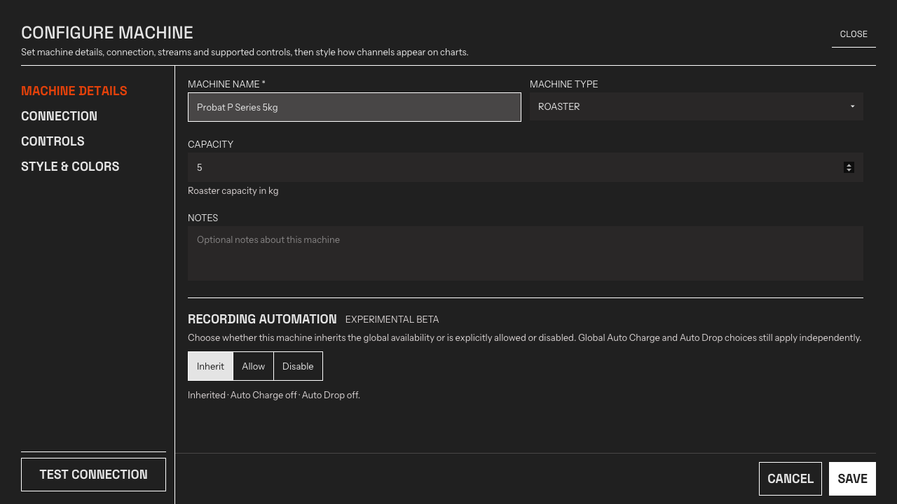 The Machine settings window with its sections listed on the left
