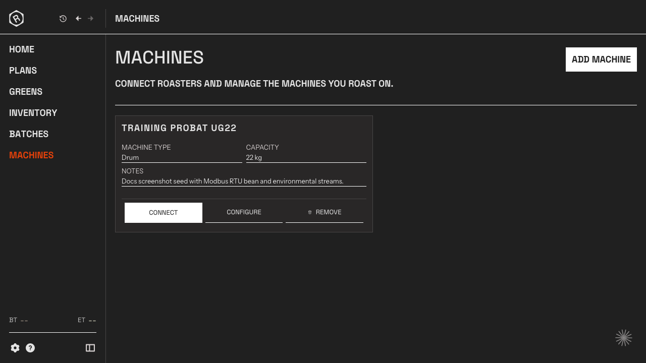 Rostoc machine catalog view showing machine entries and compatibility status.