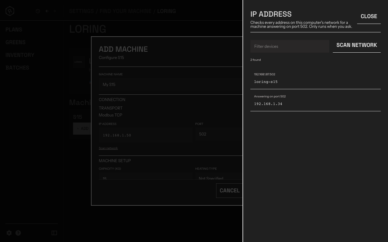 The network scan drawer listing two hosts answering on port 502