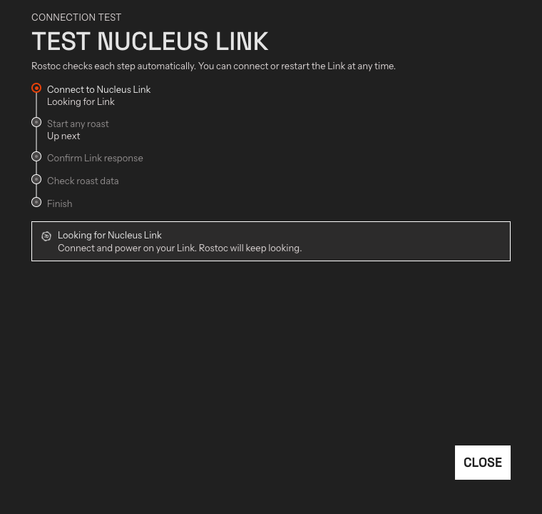 The Test Nucleus Link window with its five-step timeline