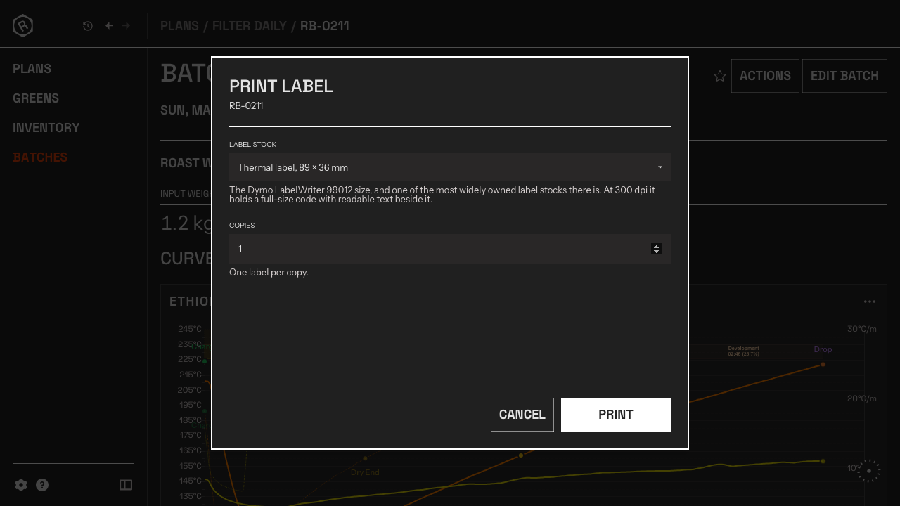 Print label window in Rostoc