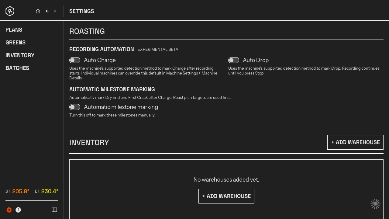 The Roasting settings section with Recording Automation