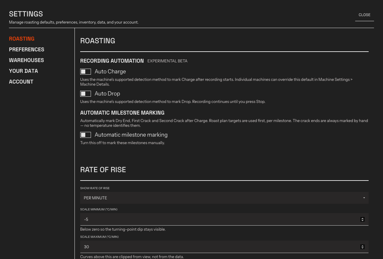 The Settings window in Rostoc, open on Roasting